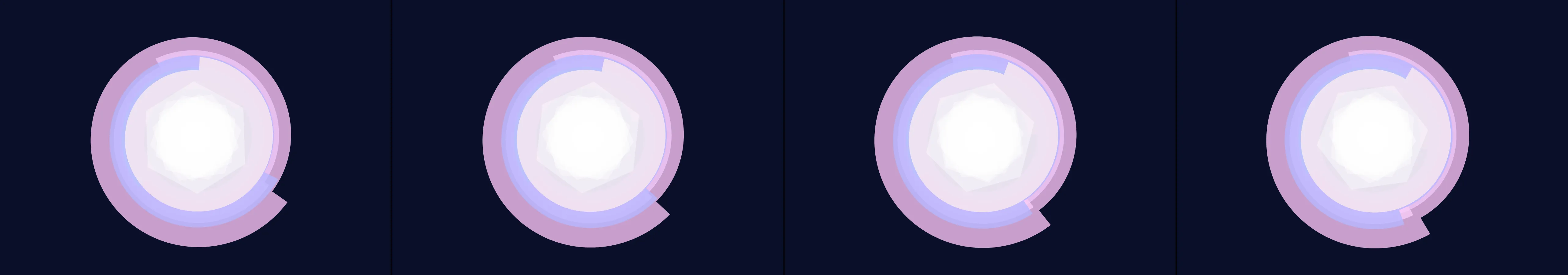 four frames from a spirograph drawn by two planets orbiting each other under a synthetic pointer