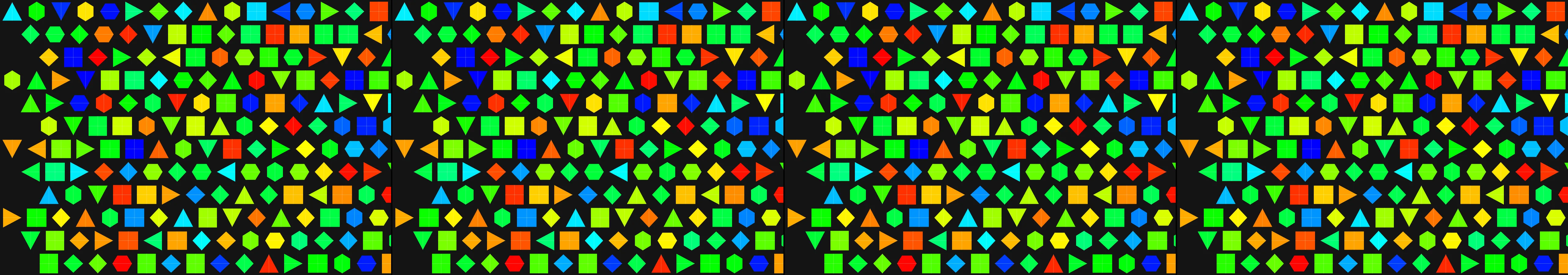 four frames from a quilt stitched from the colors of every hour in a day under a synthetic pointer