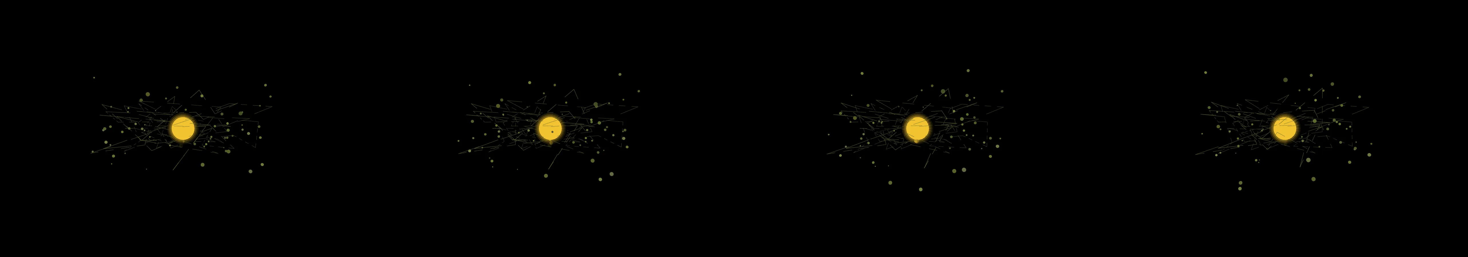 four frames from steampunk globe splines orbiting around a fire burning in a rotating cube under a synthetic pointer