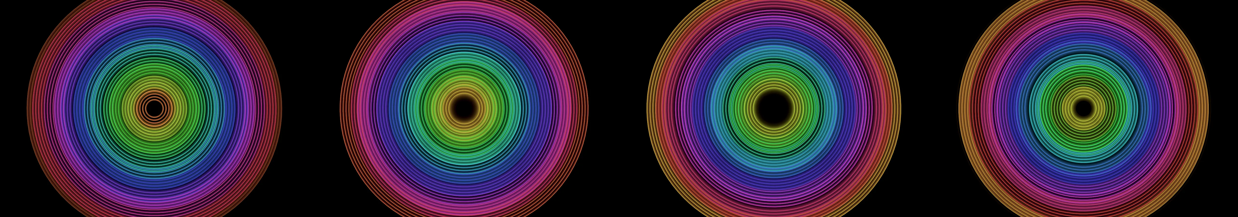 four frames from concentric circles in fluorescent colors pulse with elastic easing under a synthetic pointer
