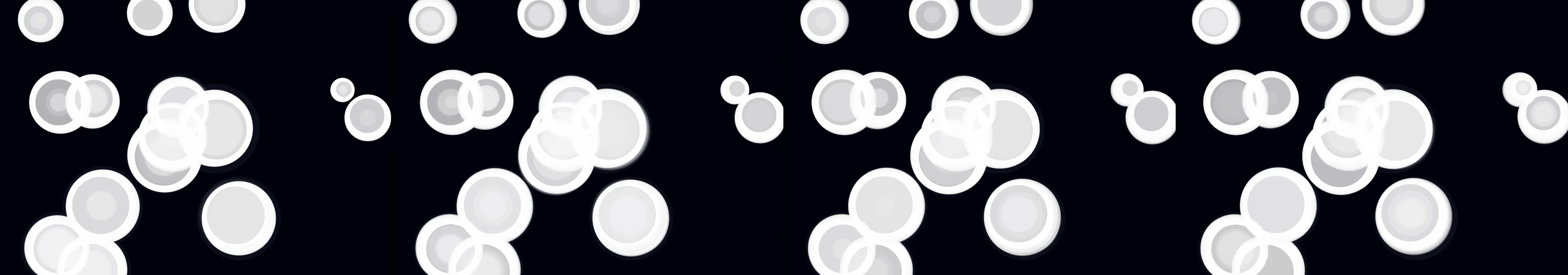 four frames from A slow tide of overlapping translucent circles rising from the bottom of a dark canvas, one cool hue. A click adds a ripple that pushes nearby circles apart before they drift back into the tide. under a synthetic pointer