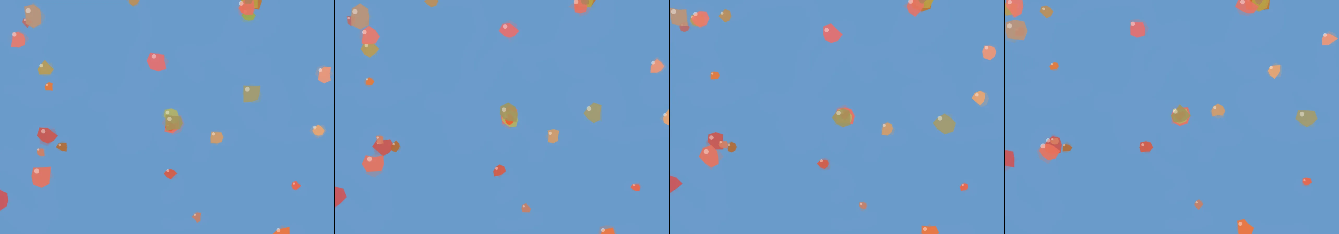 four frames from a lava lamp in zero gravity under a synthetic pointer