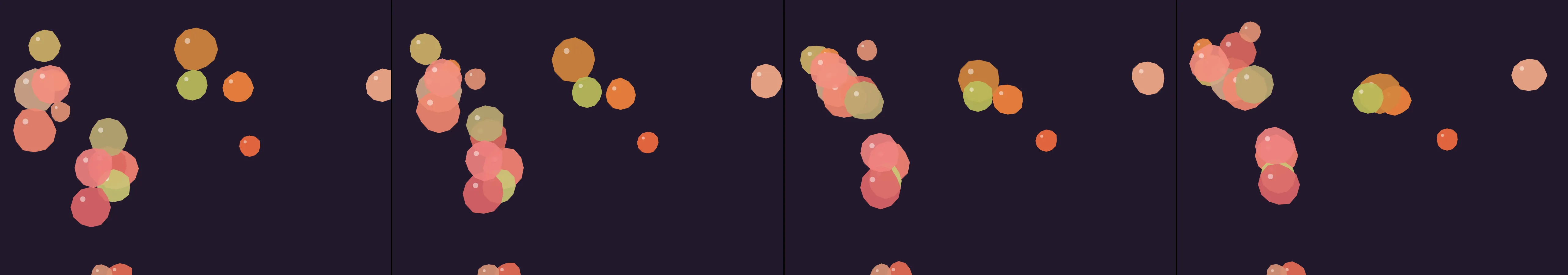 four frames from a lava lamp in zero gravity under a synthetic pointer
