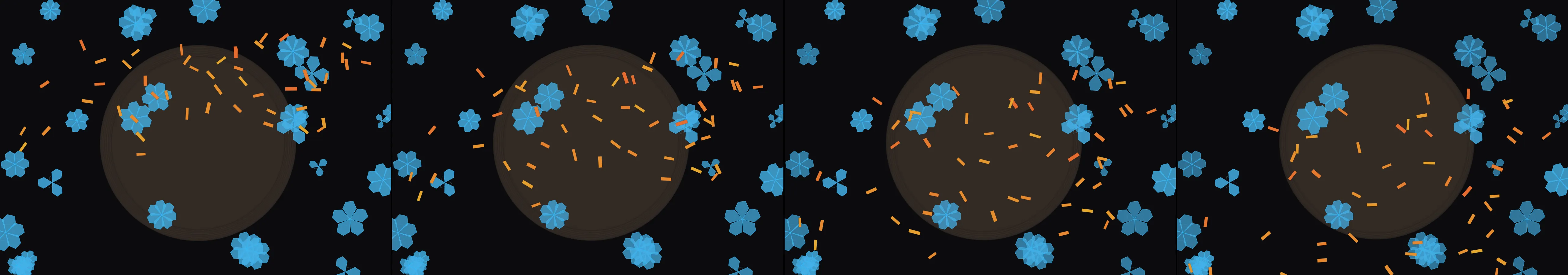 four frames from a single hexagon that masks a hypnotic forward motion kaleidoscope under a synthetic pointer