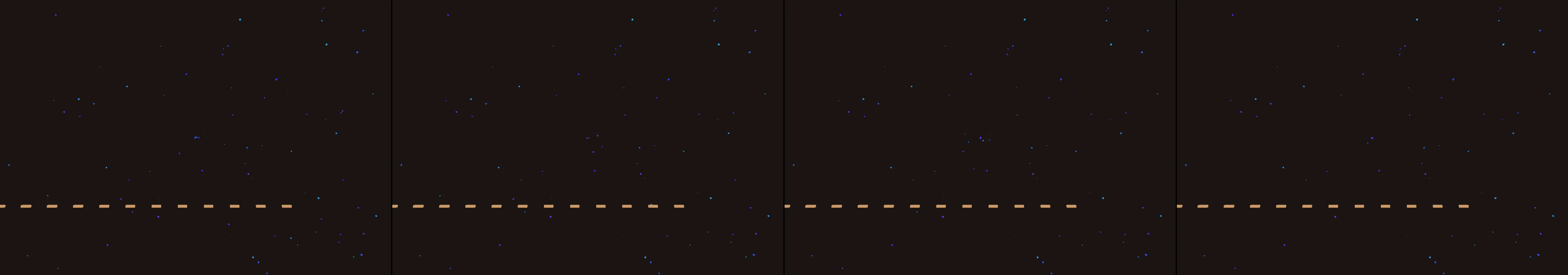 four frames from an abstracted vegetable garden, show the growth of the vegetables slowly over time under a synthetic pointer