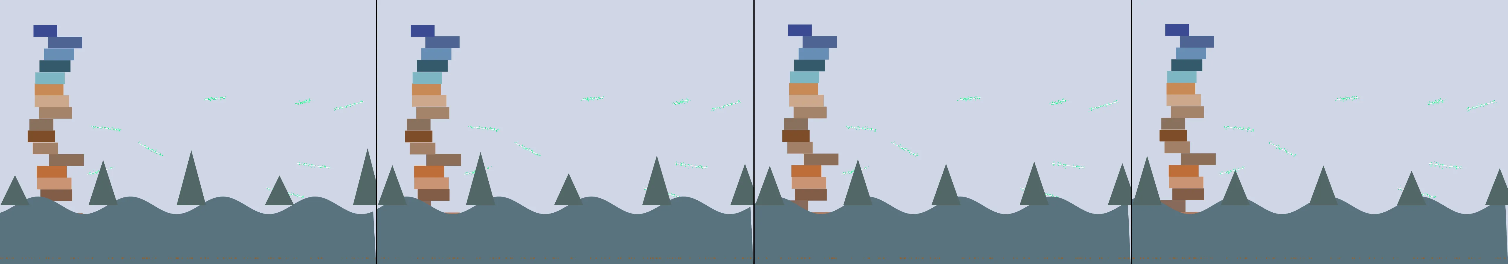 four frames from create a simple snowboarding game with no audio. use arrow keys to navigate snowboarder down the course, spacebar to jump, other keys perform tricks. hitting the sidewall of the course causes damage. game over after damage hit 100% under a synthetic pointer