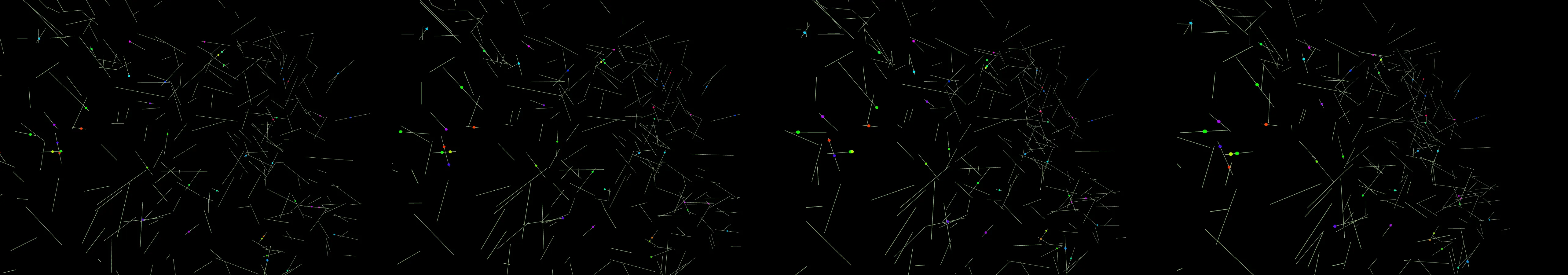 four frames from an intricate tangle of wires and cables with animated signals pulsing through under a synthetic pointer