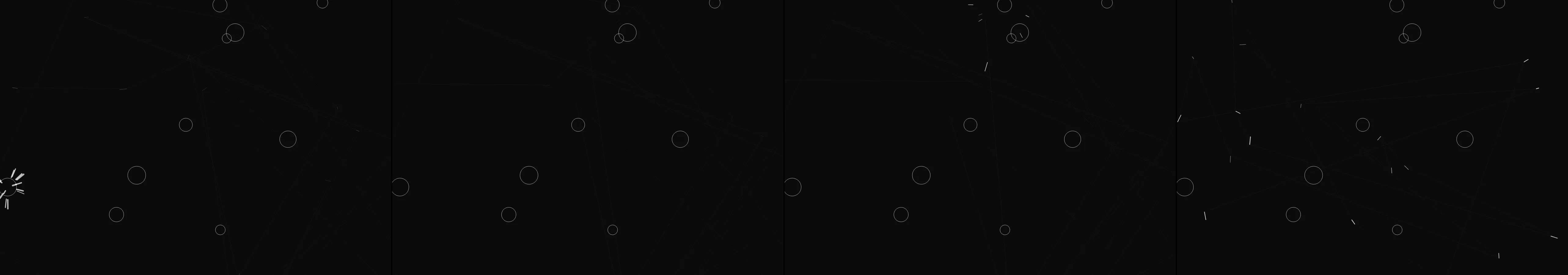 four frames from an intricate tangle of wires and cables with animated signals pulsing through under a synthetic pointer