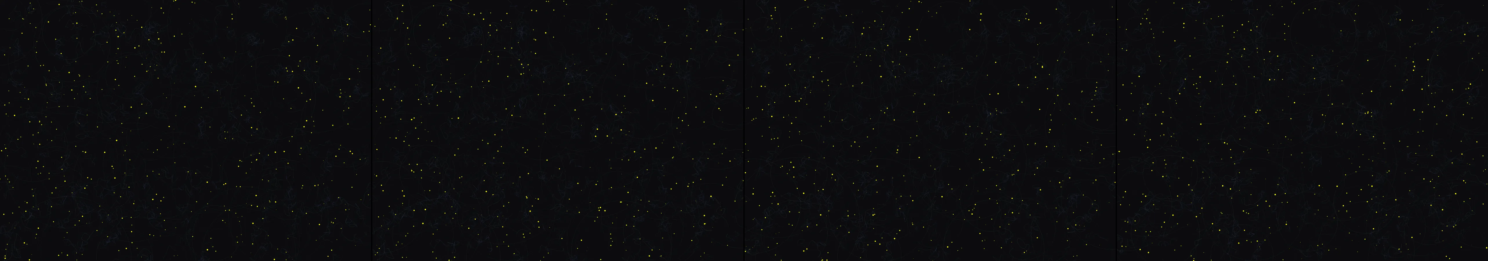four frames from A slow tide of overlapping translucent circles rising from the bottom of a dark canvas, one cool hue. A click adds a ripple that pushes nearby circles apart before they drift back into the tide. under a synthetic pointer