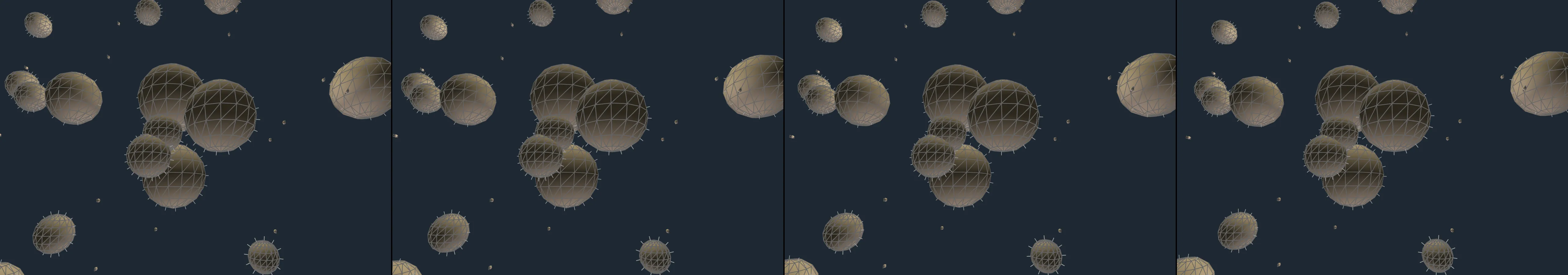 four frames from simulation of slime mold growth on a substrate rendered with a realistic 3D lighting effect revealing the structure's surface qualities under a synthetic pointer