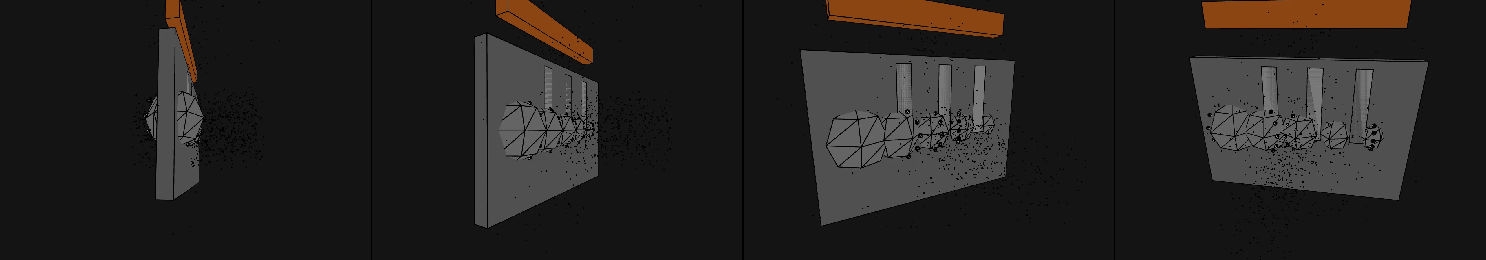 four frames from a stack of books being eaten by a book eating machine under a synthetic pointer