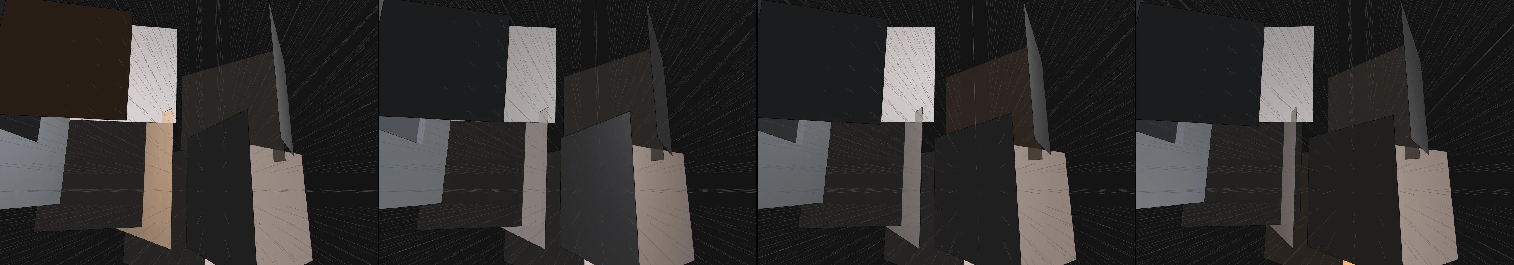 four frames from a lighthouse beam sweeping over drifting fog under a synthetic pointer