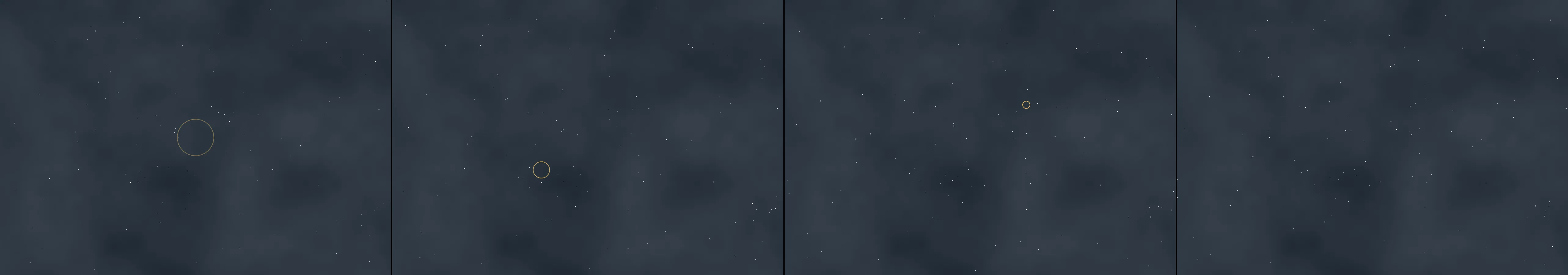 four frames from Click anywhere to drop a pebble that chimes a soft tone and sends a ripple. under a synthetic pointer
