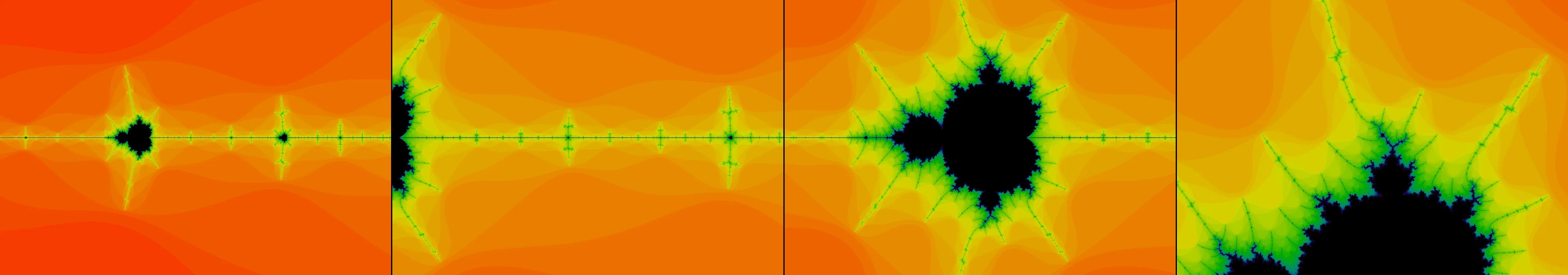 four frames from mandelbrot fractal under a synthetic pointer