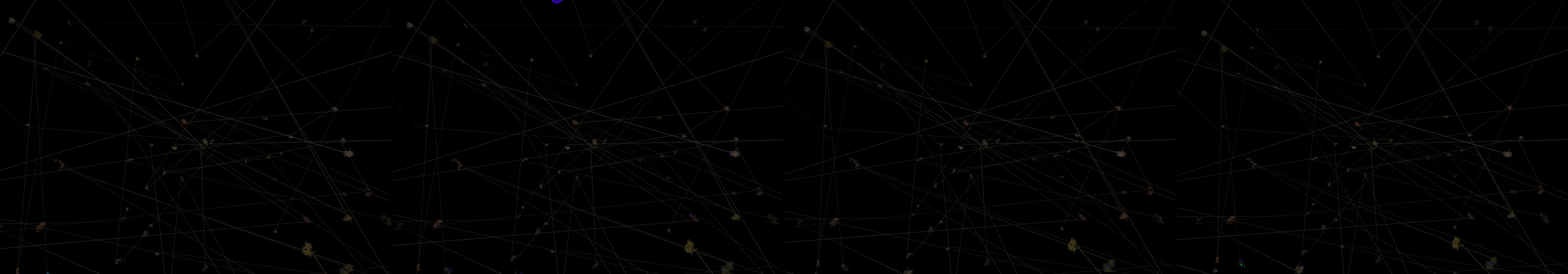 four frames from an intricate tangle of wires and cables with animated signals pulsing through under a synthetic pointer
