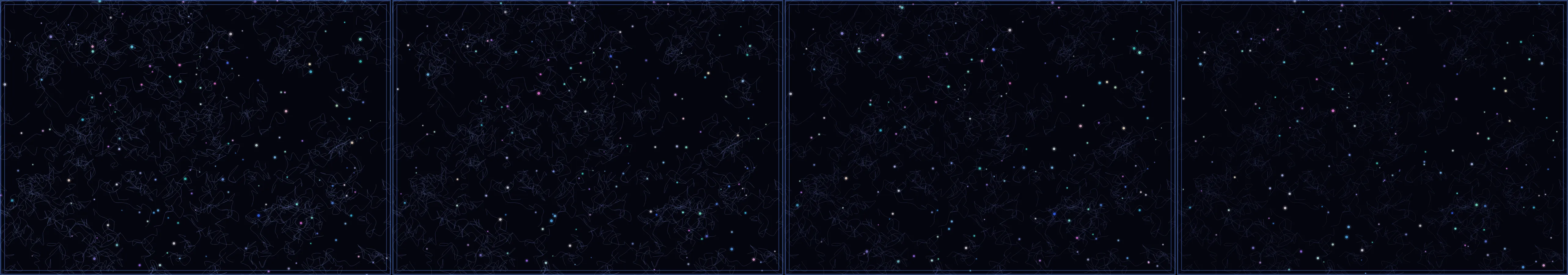 four frames from a crossword puzzle designer thinking about next week's puzzle in their mind under a synthetic pointer