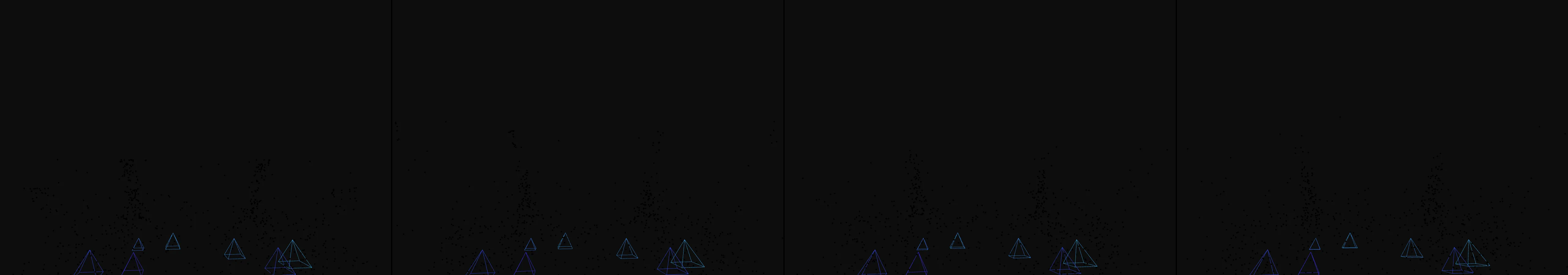 four frames from a study in pyramidal sculptural forms as architecture where land meet sea under a synthetic pointer