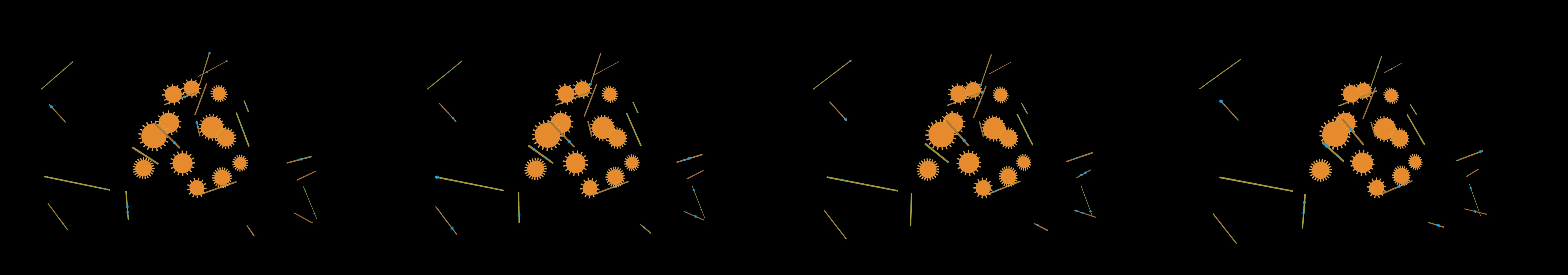 four frames from an intricate tangle of wires and cables with animated signals pulsing through under a synthetic pointer
