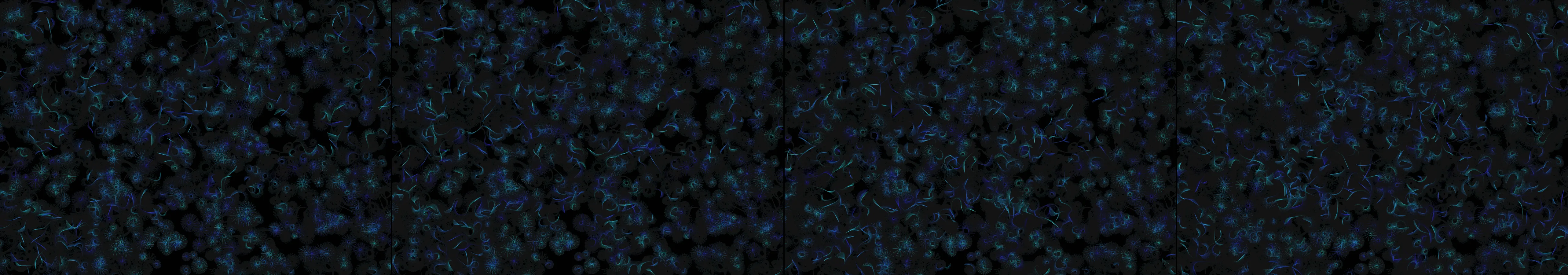 four frames from diagonal stripes animating in smoothly eased slicing patterns in color palettes from the 1970s under a synthetic pointer