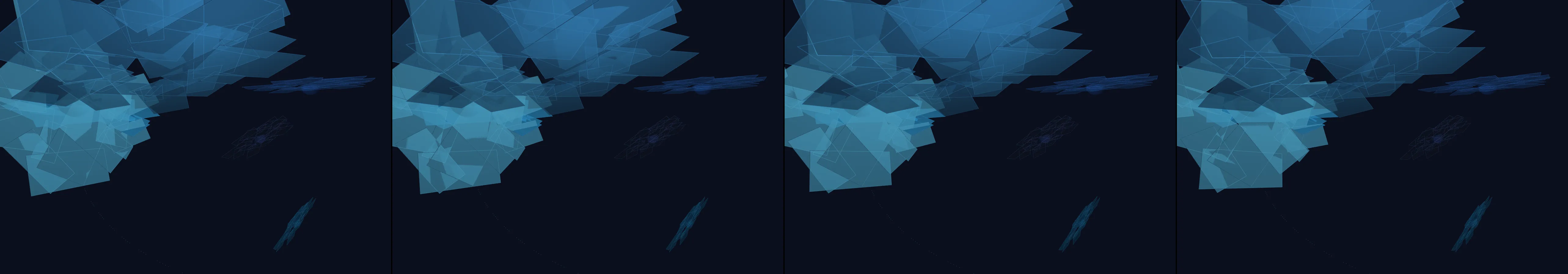 four frames from a lighthouse beam sweeping over drifting fog under a synthetic pointer