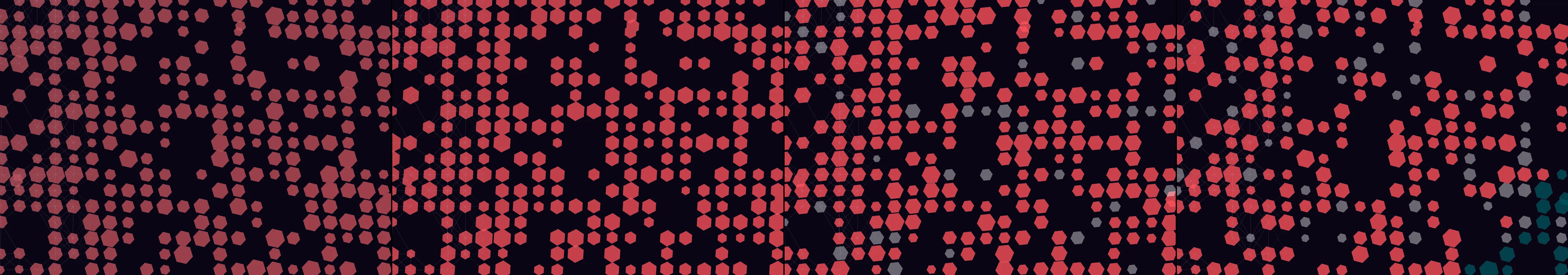 four frames from a grid of hexagons that rotate and interconnect in mesmerizing patterns with softening visual effects, 1980s color palette, and a subtle soundtrack under a synthetic pointer