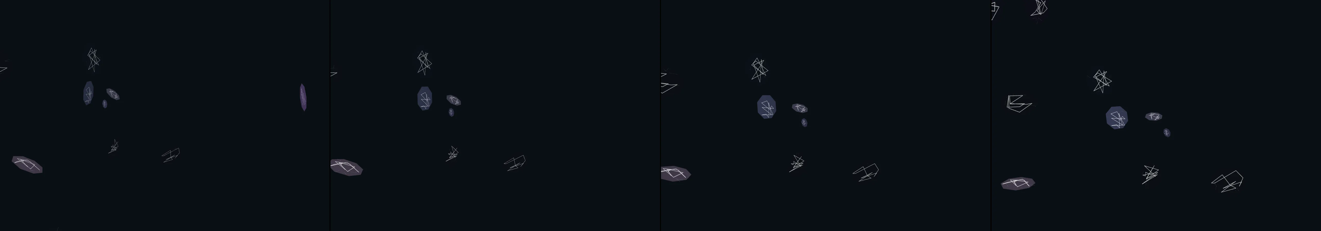 four frames from liminal dreamscape architectures under a synthetic pointer