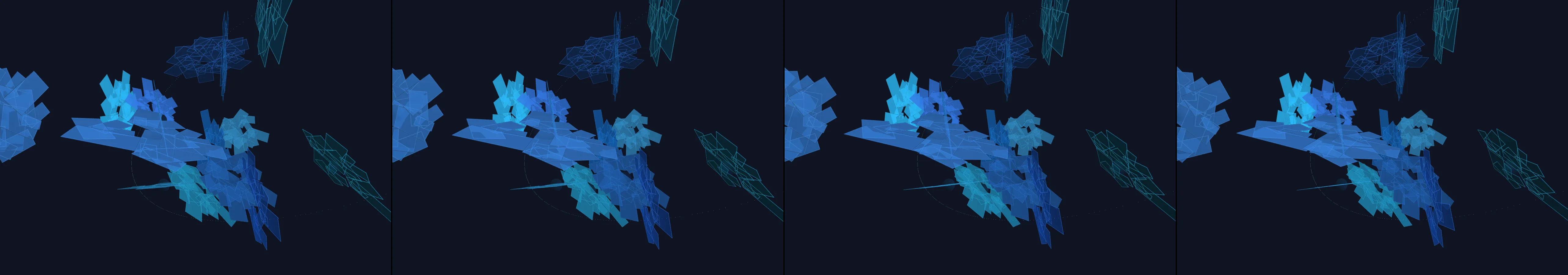 four frames from a lighthouse beam sweeping over drifting fog under a synthetic pointer