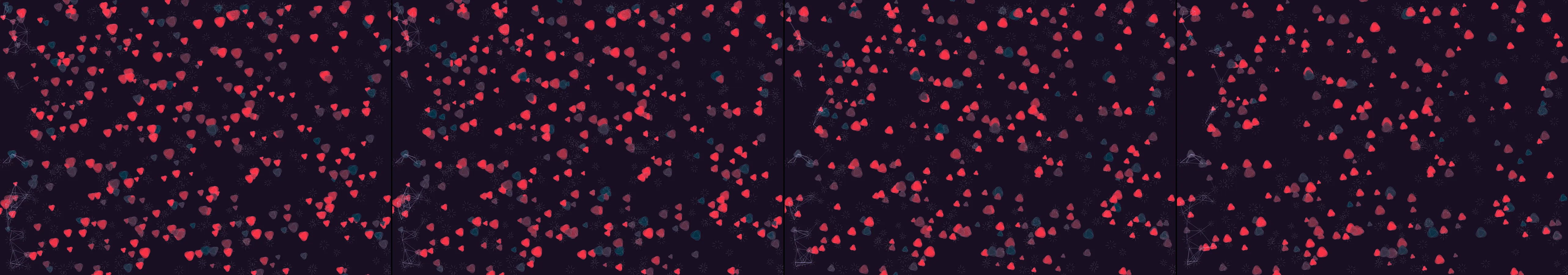 four frames from a grid of hexagons that rotate and interconnect in mesmerizing patterns with softening visual effects, 1980s color palette, and a subtle soundtrack under a synthetic pointer