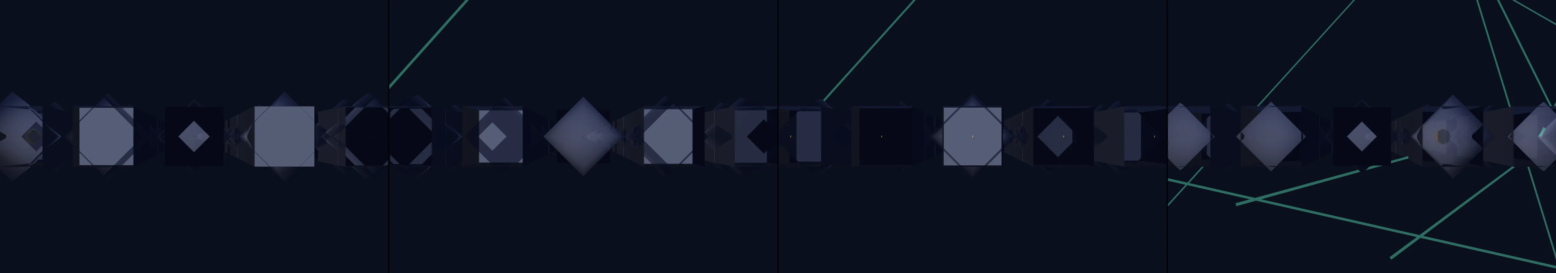 four frames from a cityscape with a sunrise to sunset animation with some procedural elements that make the city feel inhabited