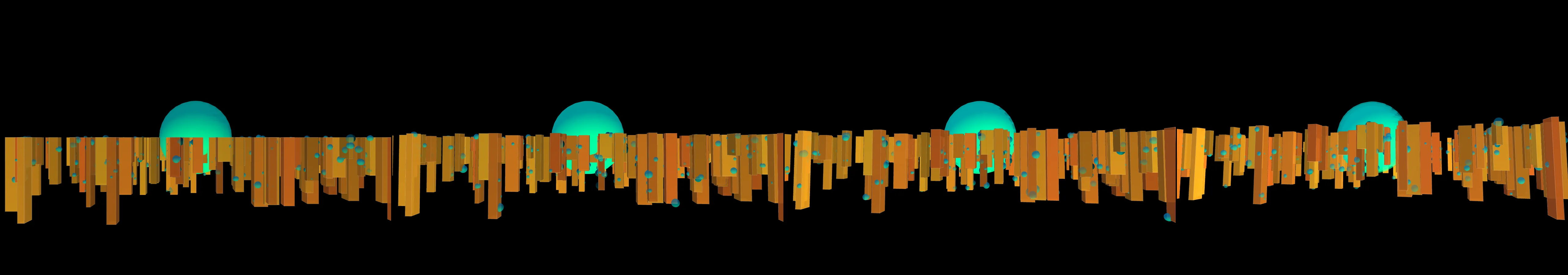 four frames from a cityscape with a sunrise to sunset animation with some procedural elements that make the city feel inhabited